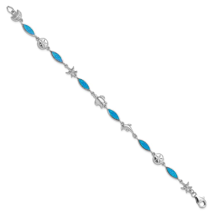 Rhodium Over Sterling Silver Lab Created Opal Sea Life Bracelet