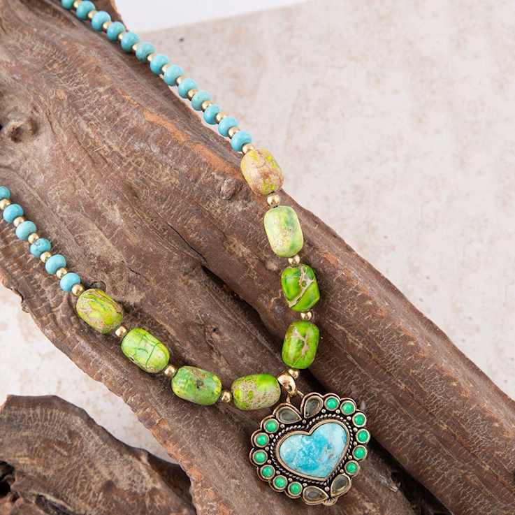 Barse Jewelry Legacy Lime Green and Blue Composite Turquoise Gold Tone
Heart Necklace