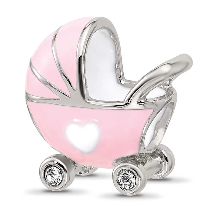 Sterling Silver Enamel Baby Carriage with Crystal Bead