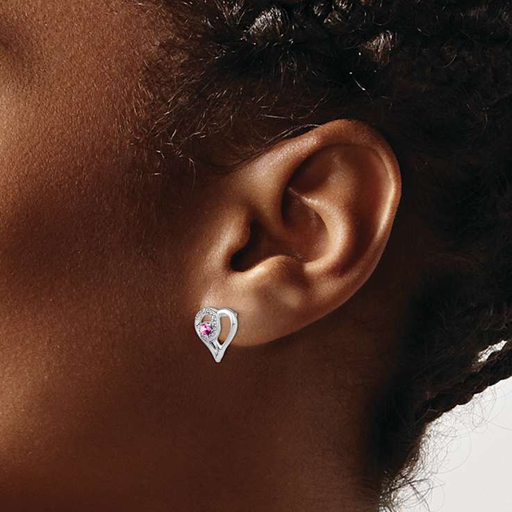 Rhodium Over 14K White Gold Pink Sapphire and Diamond Heart Earrings