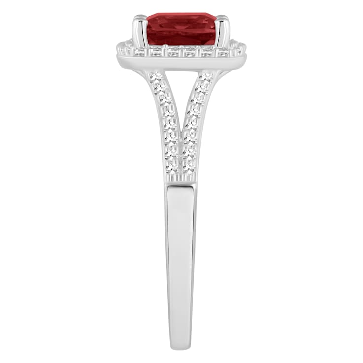 7mm Cushion Garnet 1/4 ctw Diamond Rhodium Over Sterling Silver Halo Ring