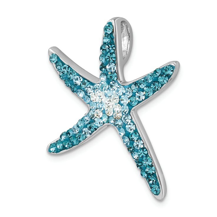 Rhodium Over Sterling Silver Polished Blue Crystal Star Fish Chain Slide Pendant