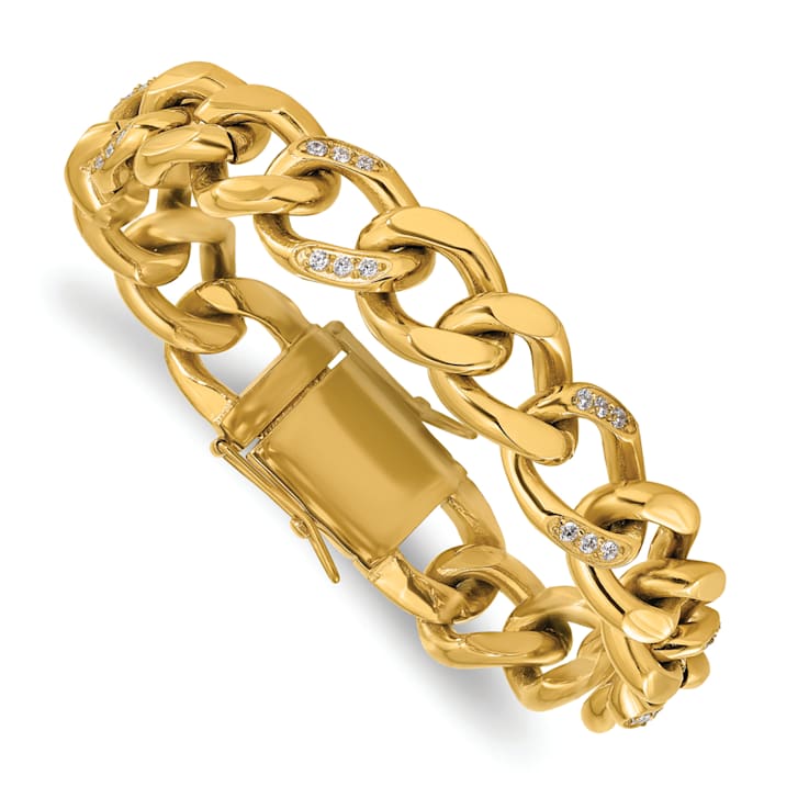 White Cubic Zirconia Stainless Steel Polished Yellow IP Plated Men's Bracelet