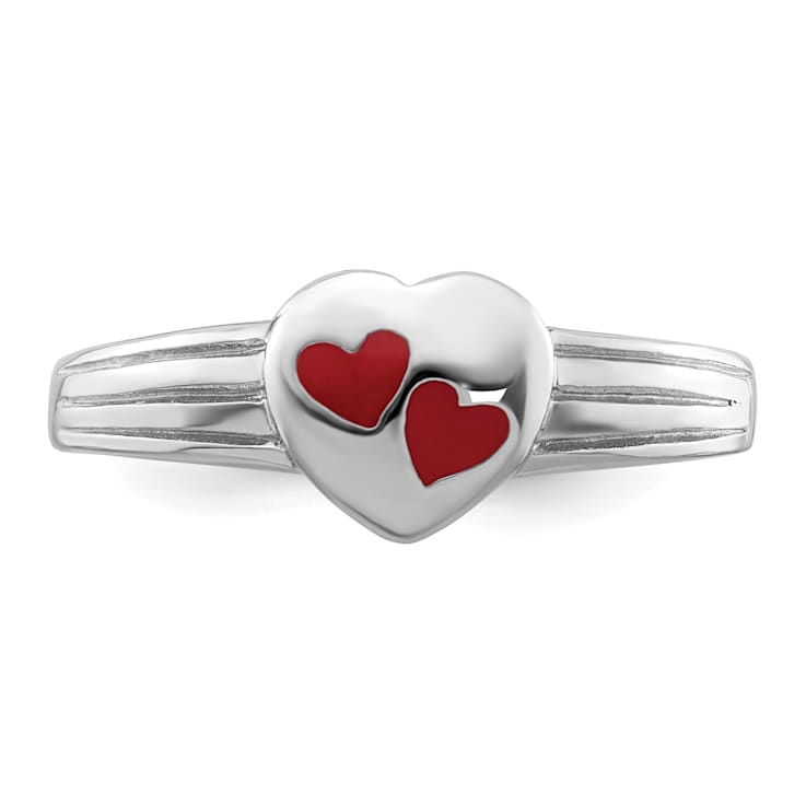 Rhodium Over Sterling Silver Polished and Red Enameled Heart Children's Ring