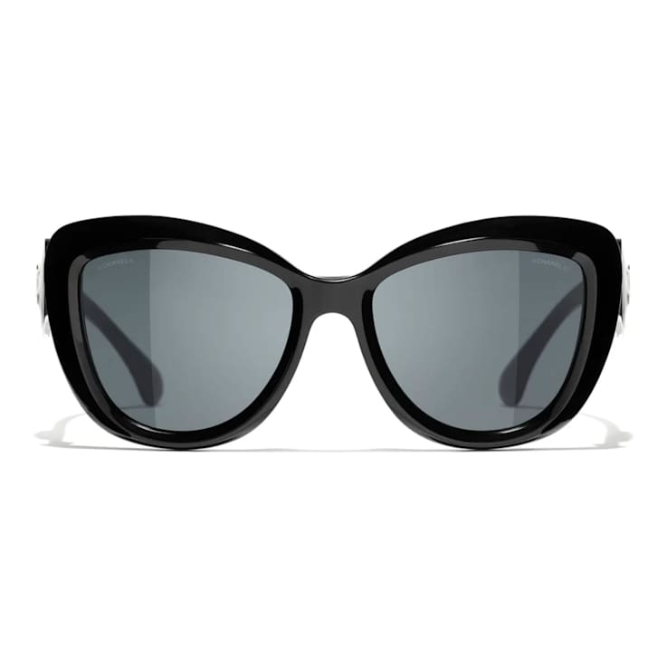 Chanel Black Cat Eye with Silver Tone Heart Detail Frame / Gray Lenses Sunglasses