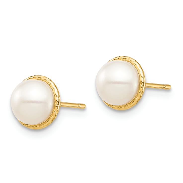 14k Yellow Gold 5-6mm White Button Freshwater Cultured Pearl Stud Earrings