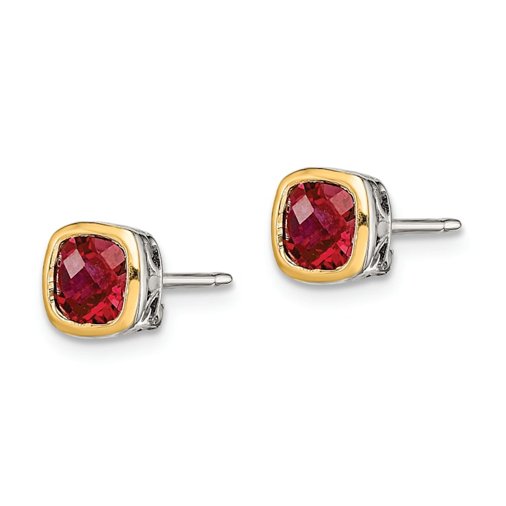 Rhodium Over Sterling Silver with 14k Accent Created Ruby Square Stud Earrings