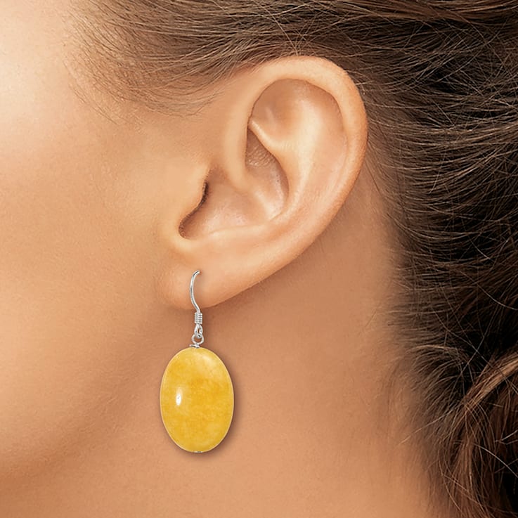 Sterling Silver Polished Yellow Jadeite Oval Dangle Earrings