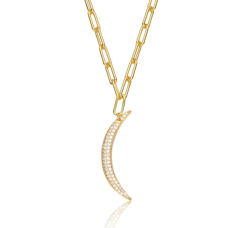 Crescent Moon CZ Charm Necklace In 14K Gold Over Brass