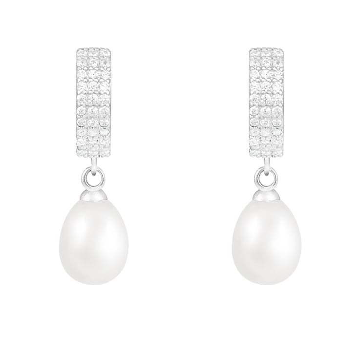 7.5-8mm White Cultured Freshwater Pearl Rhodium Over Sterling Silver Earrings