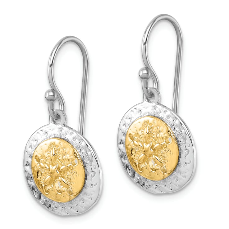 Rhodium Over Sterling Silver Two-tone Textured Sand Dollar Dangle Earrings