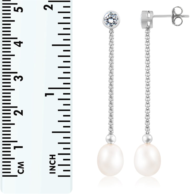 7.5-8mm White Cultured Freshwater Pearl Rhodium Over Sterling Silver Earrings