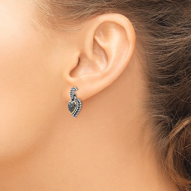 Sterling Silver Antiqued with 14K Accent Black Diamond Heart Earrings