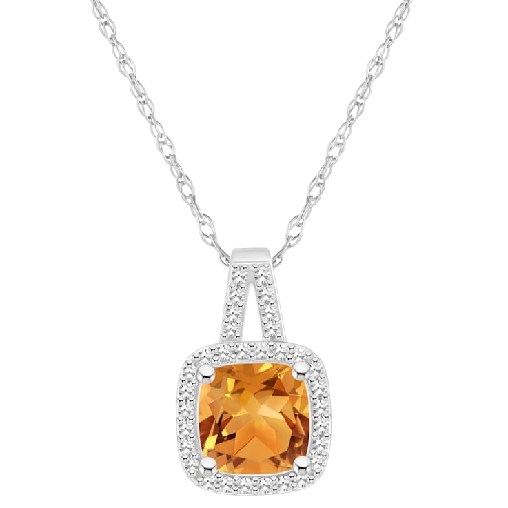 7mm Cushion Citrine 1/6 ctw Diamond Rhodium Over Sterling Silver Halo
Pendant with Chain