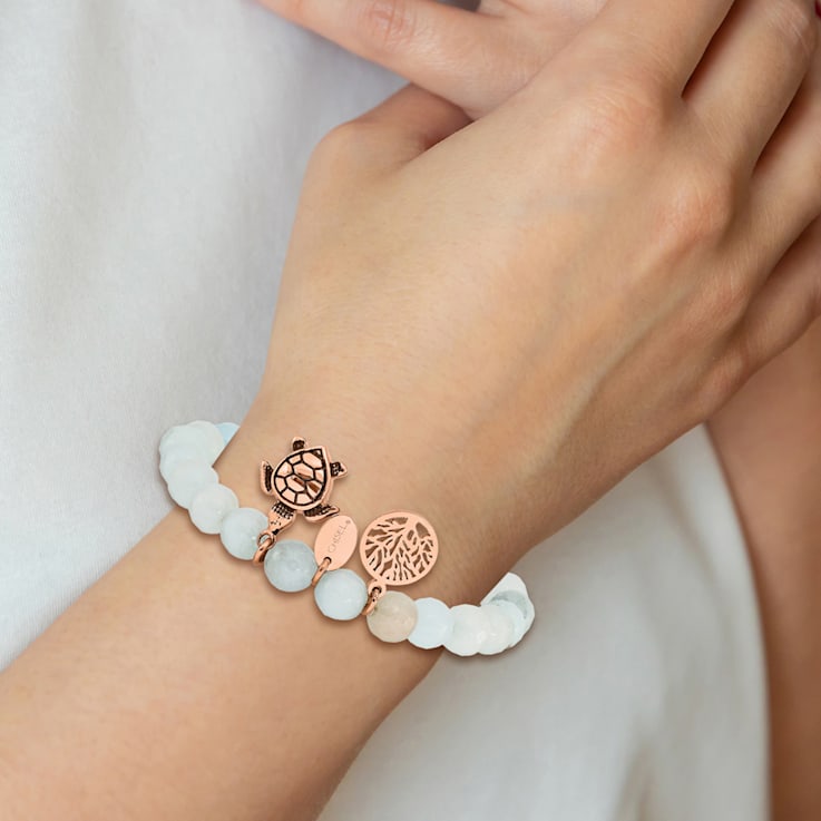 Rose Stainless Steel Antiqued and Polished Blue/Grey Dyed Jade Bracelet