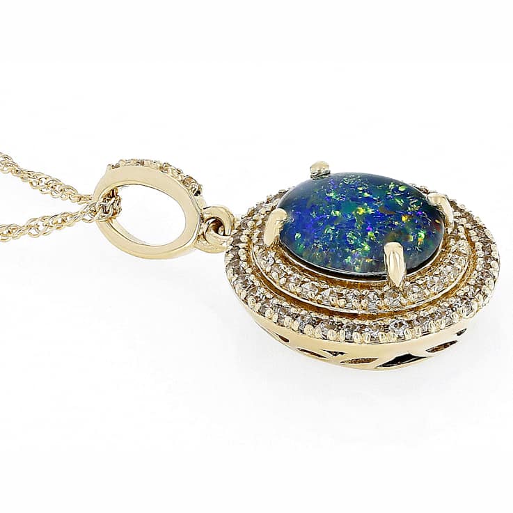 Australian Opal Triplet And White Zircon Pendant Necklace In Solid 10K
Yellow Gold 0.36ctw