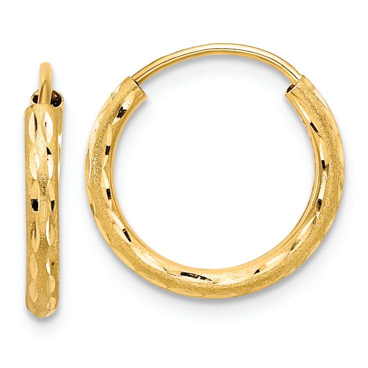 14k Yellow Gold 5/8" Polished Satin and Diamond-Cut Endless Hoop Earrings
