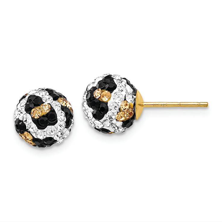 14k Yellow Gold 8mm Leopard Pattern White, Black and Yellow Crystal Stud Earrings