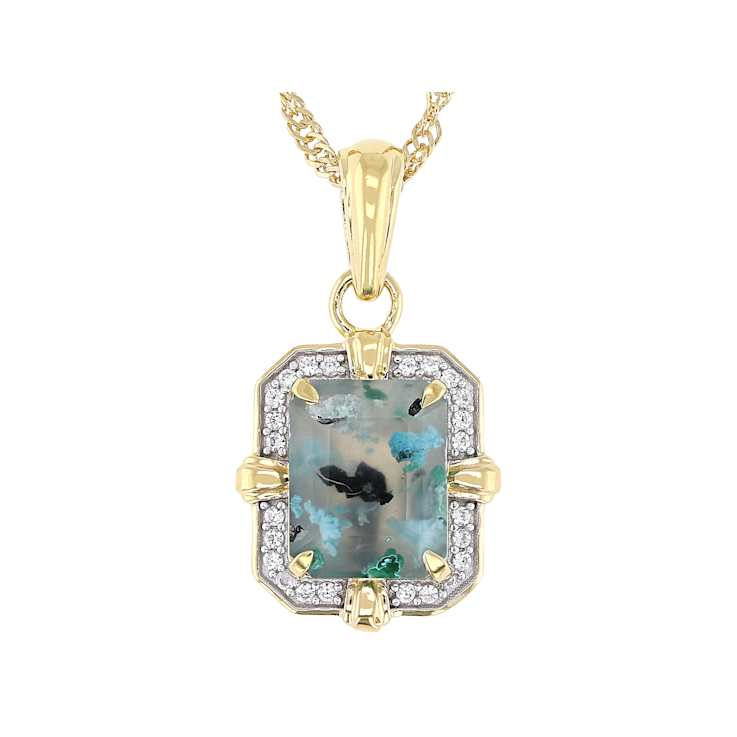 Blue Chalcedony Rectangular Octagonal And White Zircon Pendant Necklace
In 18K Gold Over Sterling Silver 2.81ctw