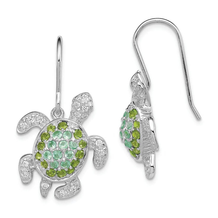 Rhodium Over Sterling Silver Multi Cubic Zirconia Turtle Dangle Earrings
