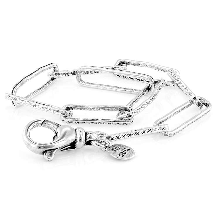 Textured Paperclip Bracelet With Rose Detail In Sterling Silver