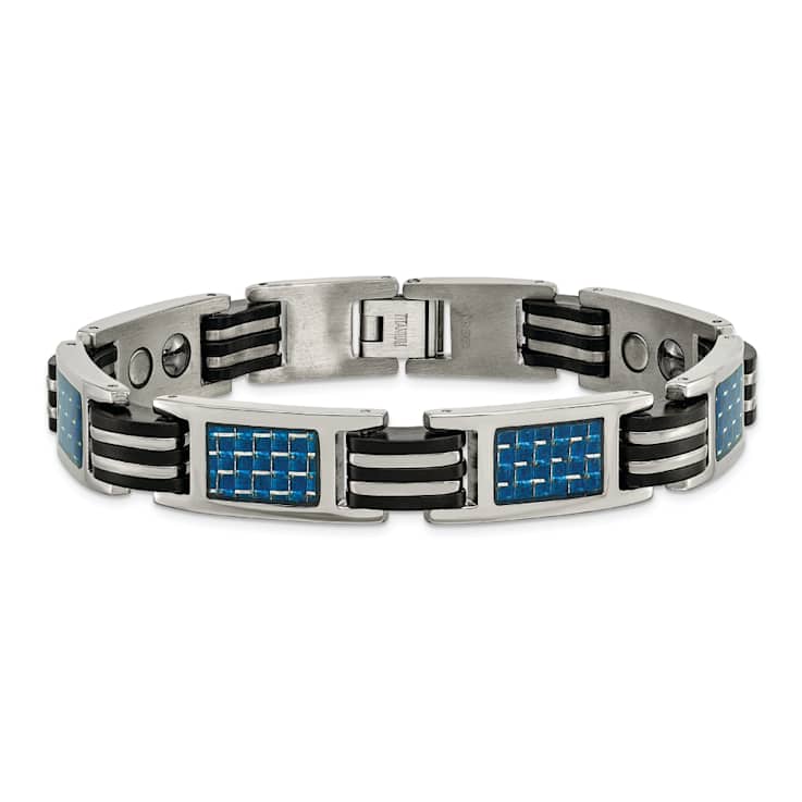 Titanium Polished with Blue Carbon Fiber Inlay & Rubber Bracelet