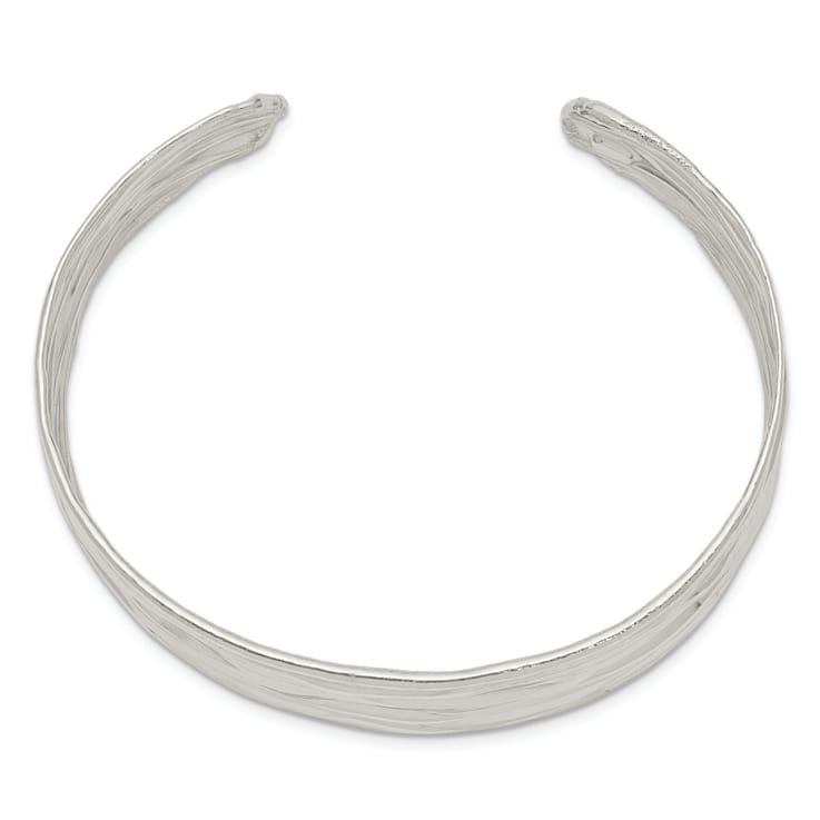 Rhodium Over Sterling Silver Plain 6mm Hammered Bands Cuff Bracelet