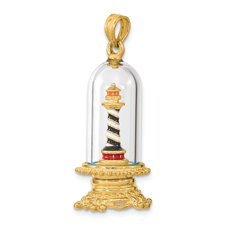 14k Yellow Gold Enameled 3D Lighthouse In Glass Dome Charm