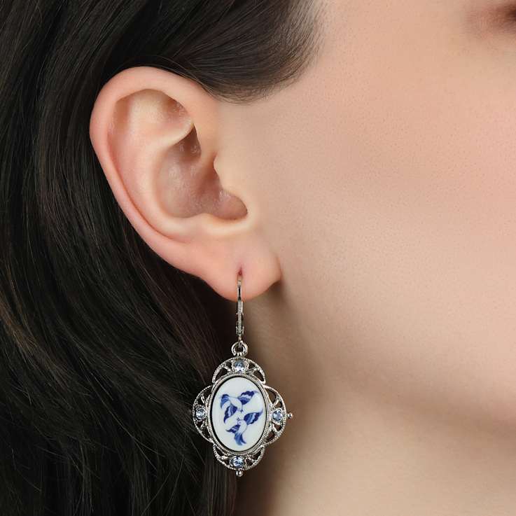 Silver Tone Blue Willow Stone Crystal Leverback Earrings