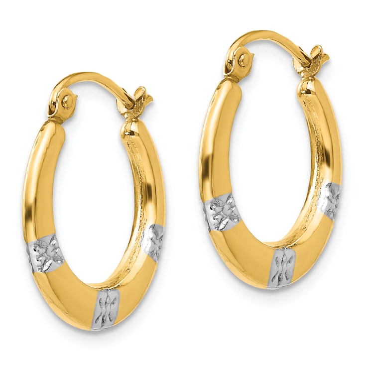 14K Yellow Gold with Rhodium Flowers Hollow Hoop Earrings