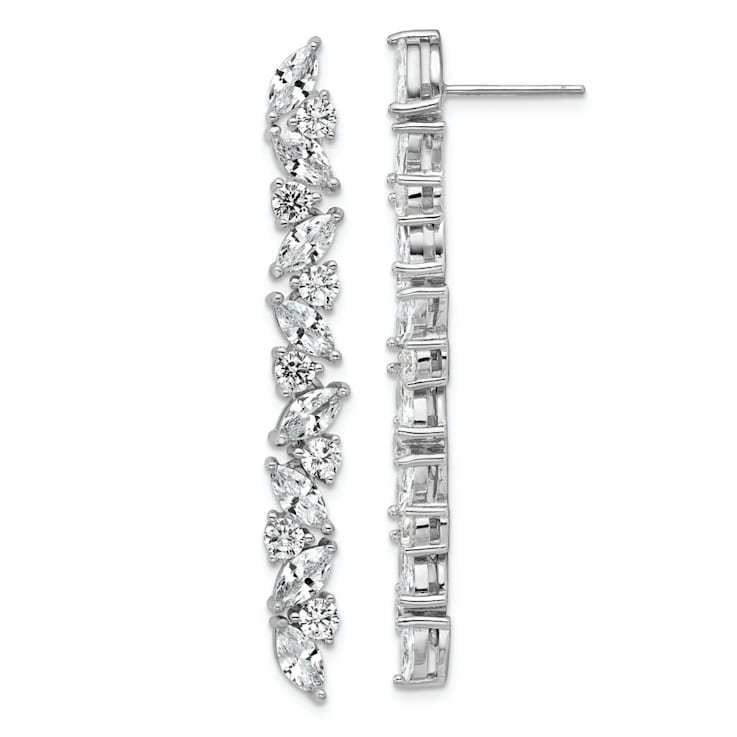 Rhodium Over Sterling Silver Fancy Cubic Zirconia Post Dangle Earrings