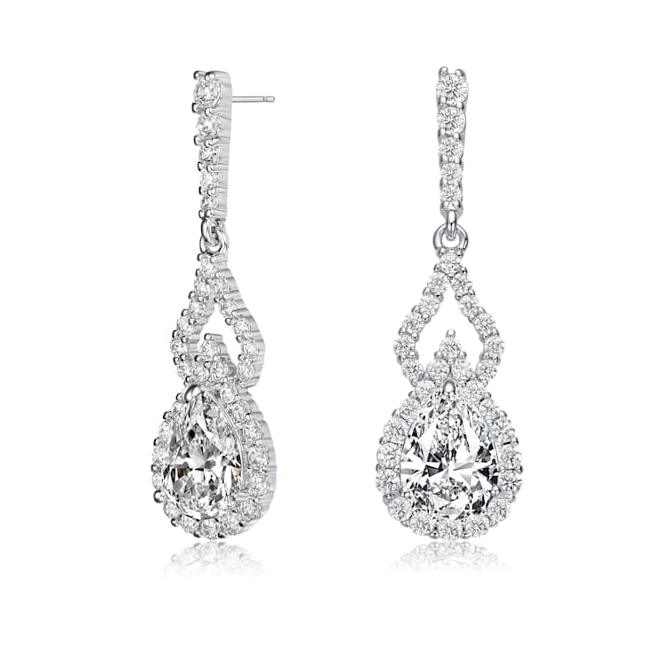 Pear Shape CZ Halo Drop Earrings In Sterling Silver