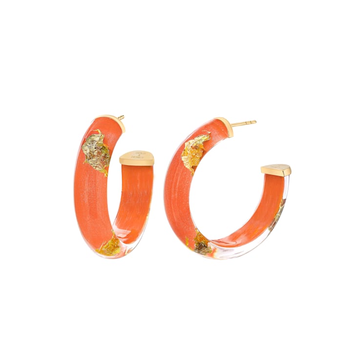 14K Yellow Gold Over Sterling Silver Small Gold Leaf Acrylic Hoops in Orange