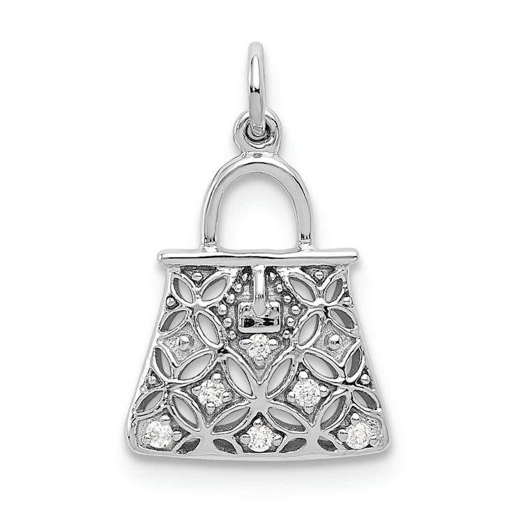 Rhodium Over 14k White Gold Diamond Textured Handbag Charm