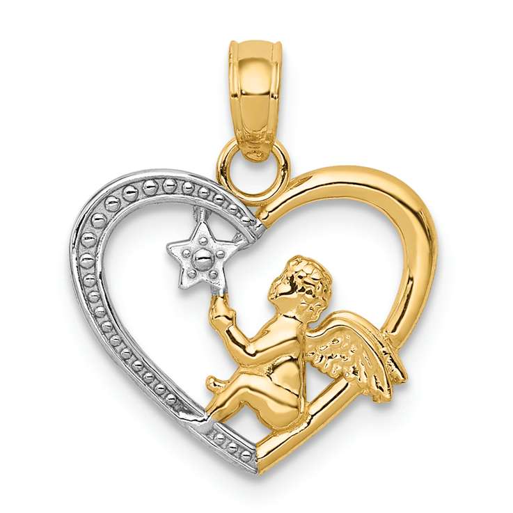 14K Two-tone Gold  Textured Angel in Heart with Star Pendant