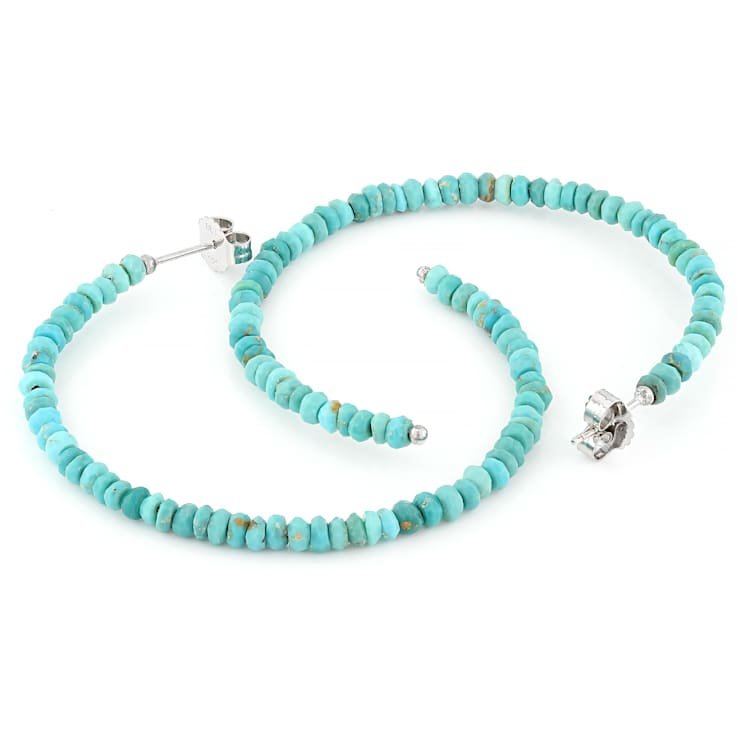 Turquoise Rondelle Rhodium Over Sterling Silver Hoop Earrings 2-4mm