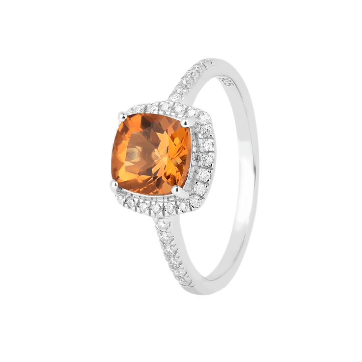 Natural Yellow Citrine Cushion Cut Halo  Ring with Moissanite Accents
Sterling Silver Ring