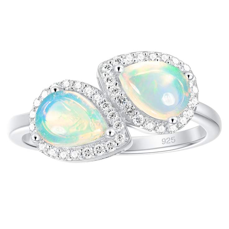 Pear Shape Opal And Zircon Halo Bypass Ring In Sterling Silver