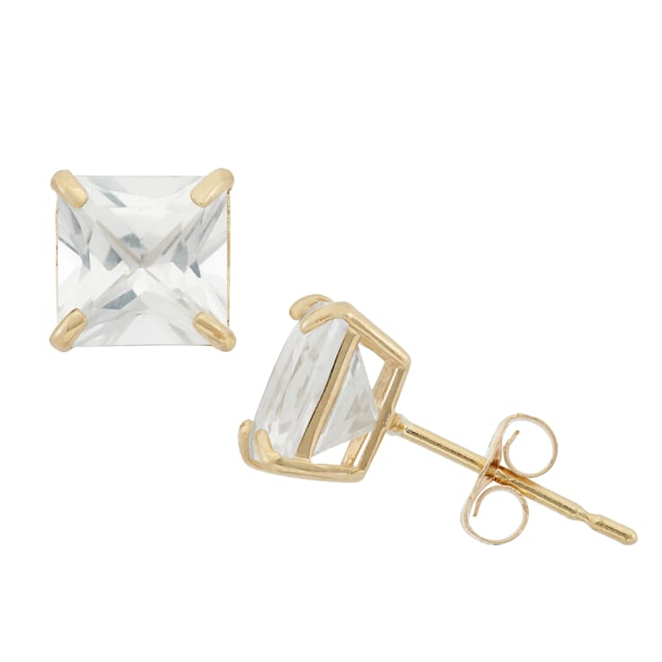 Lab Created White Sapphire Princess Cut 10K Yellow Gold Stud Earrings, 2.8ctw