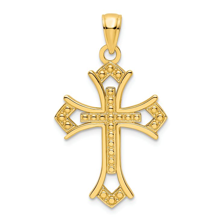 14k Yellow Gold Polished Beaded Textured Cross Pendant
