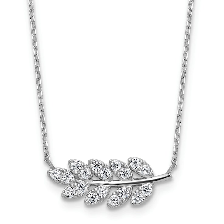 Rhodium Over Sterling Silver Polished Cubic Zirconia Leaf Necklace