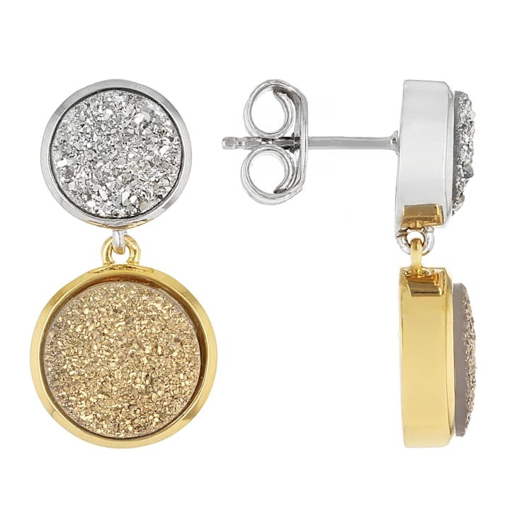 Golden And Silver Drusy Quartz Dangle Earrings In 18K Two-Tone Gold Over
Sterling Silver 10.20ctw