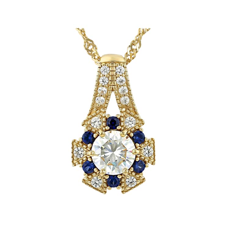 Diamond Simulant, Lab Blue Sapphire And White Zircon Pendant Necklace In
18K Gold Over Sterling Silver 1.54ctw