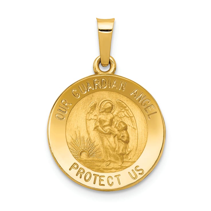 14K Yellow Gold Polished and Satin Our Guardian Angel Medal Hollow Pendant