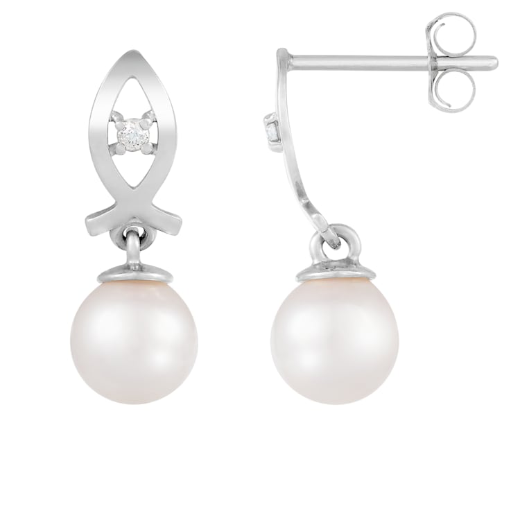 White Cultured Akoya Pearl 14k White Gold Earrings 6-6.5mm