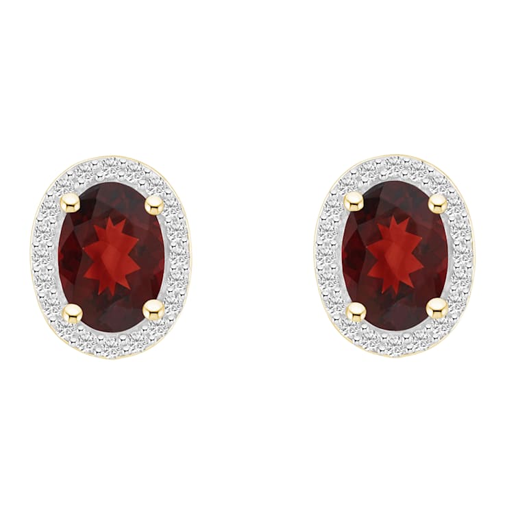 7x5mm Oval Garnet And Created White Sapphire 10k Yellow Gold Halo Stud Earrings