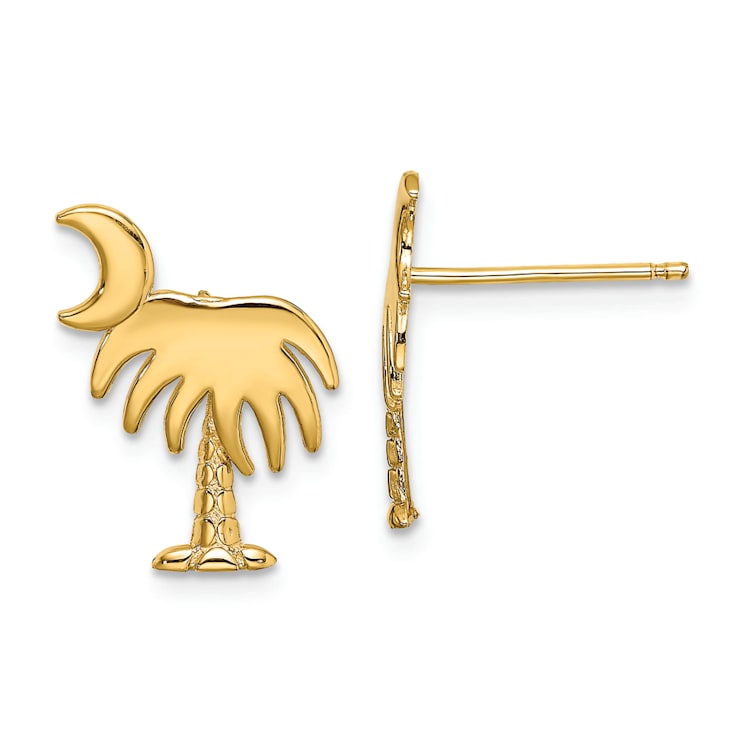 14K Yellow Gold Textured Charleston Palm Tree with Moon Stud Earrings