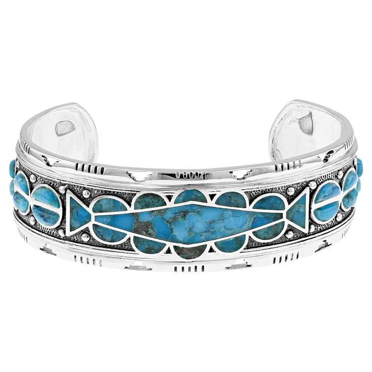 Turquoise Inlay Oxidized Cuff Bracelet In Sterling Silver