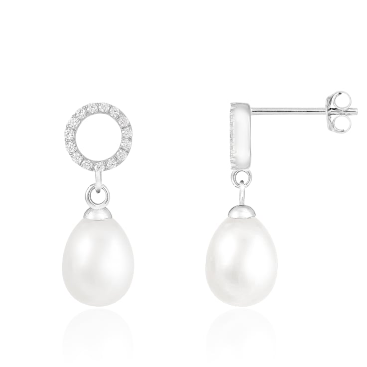 7.5-8mm White Cultured Freshwater Pearl Rhodium Over Sterling Silver Earrings