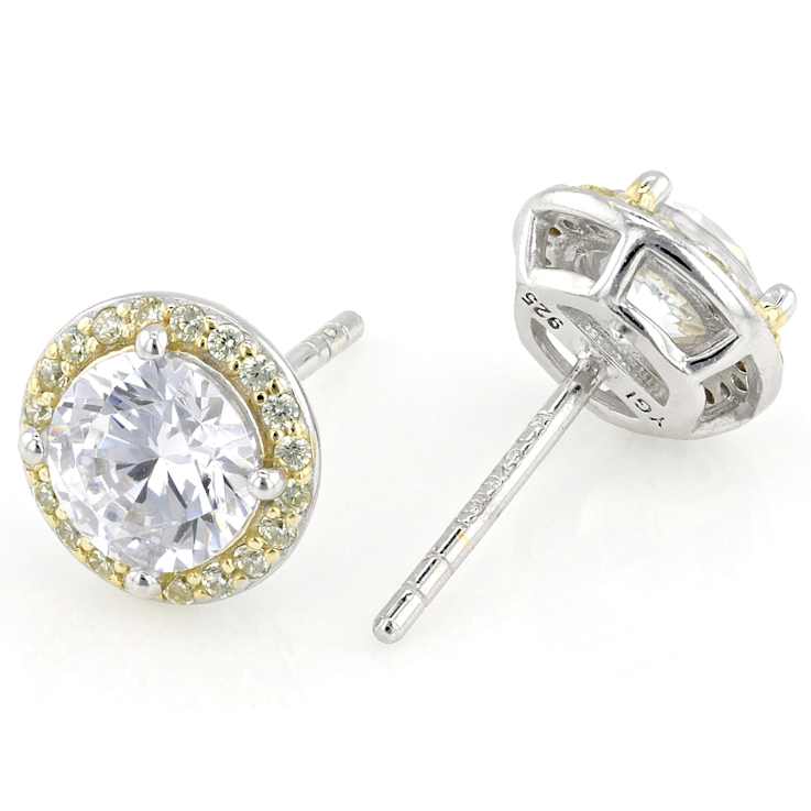 Yellow and White CZ Halo Stud Earrings In Yellow Gold and Sterling Silver